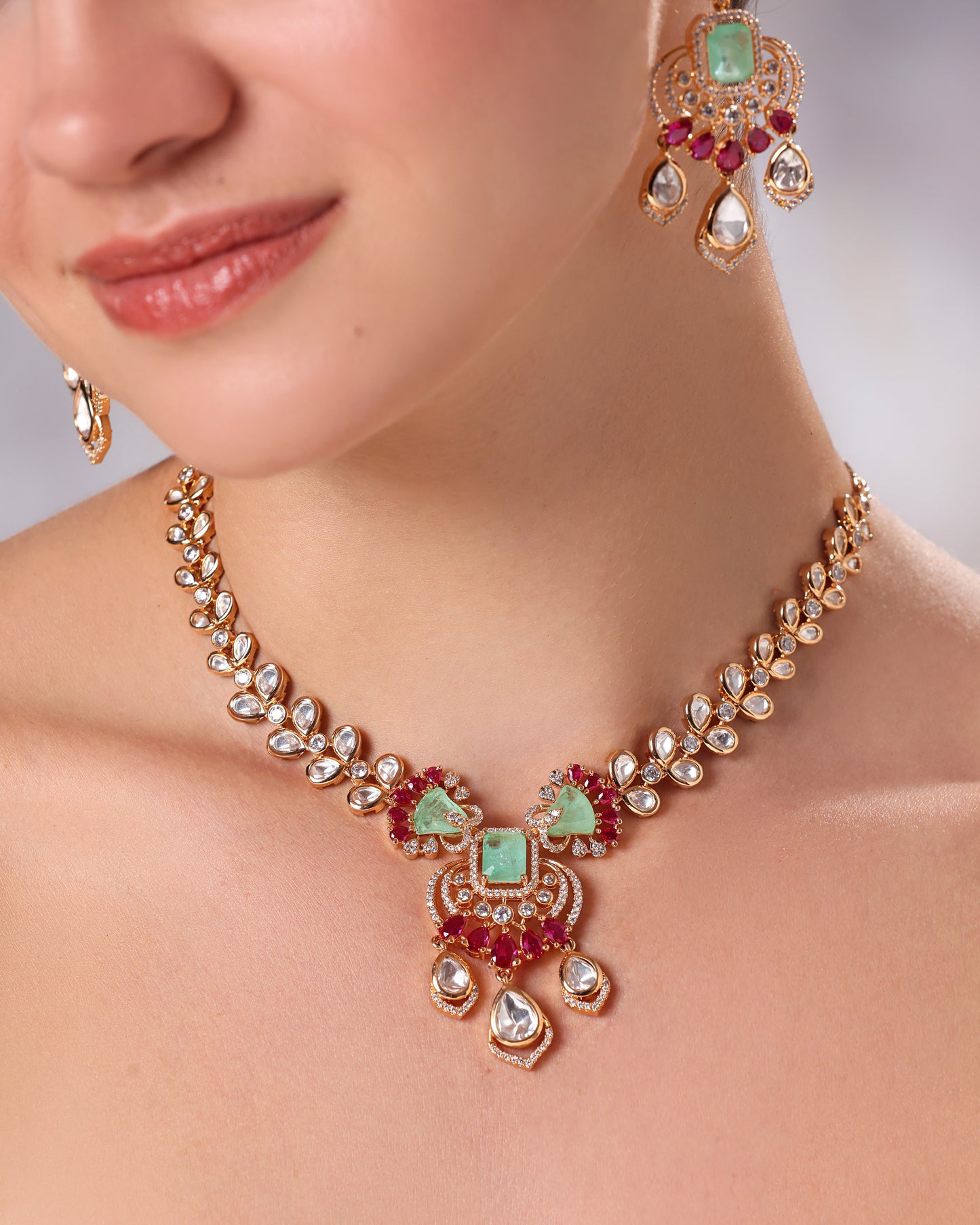 Manak Haar Set – Moissanite, Mint & Ruby Necklace