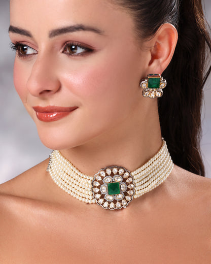 Emerald Kundan with String of Pearls Choker
